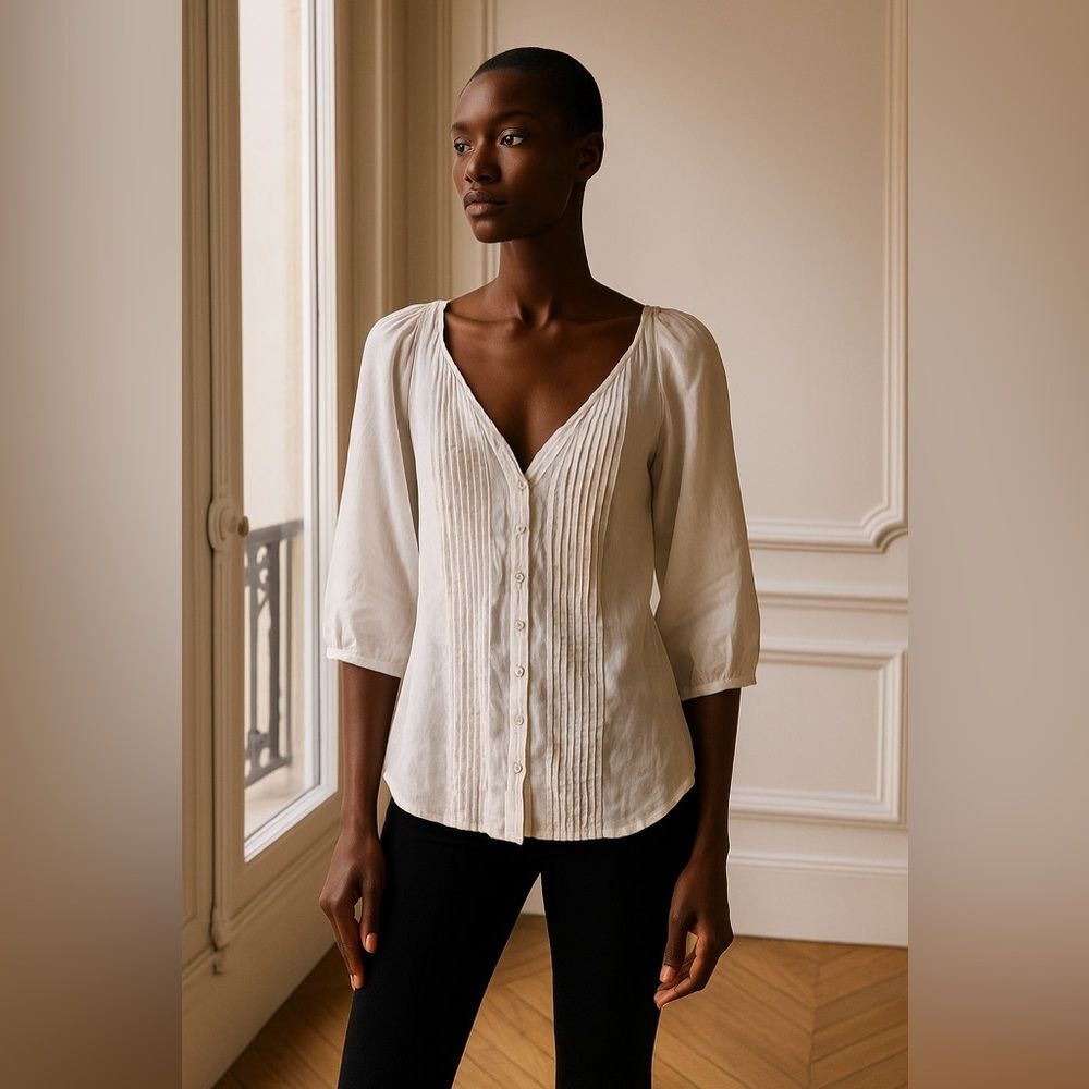 Arnold Zimberg La Femme Pleated Silk Tunic Shirt in Ivory S